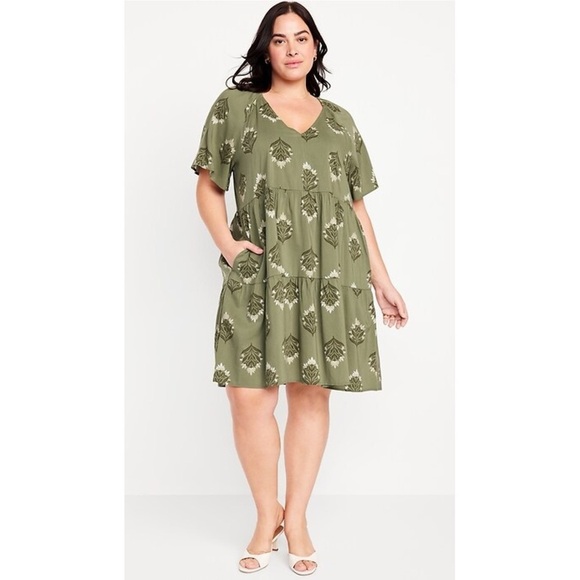 Old Navy V-Neck Mini Swing Dress Olive Green Block Print Tiered Cotton Blend - Picture 1 of 14